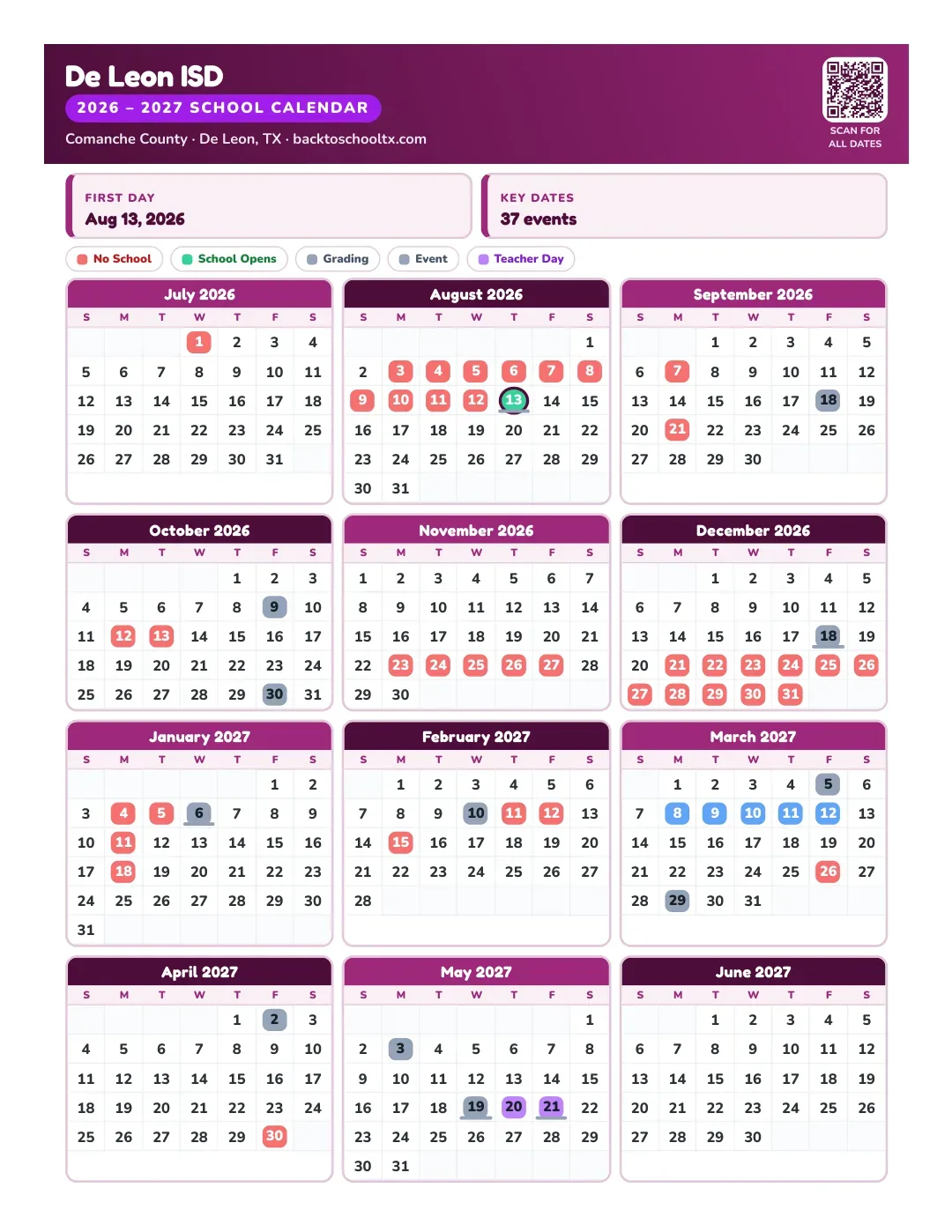 De Leon ISD Calendar for the Year 26-27