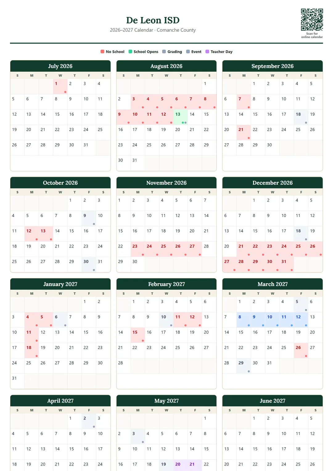De Leon ISD printable 2026–2027 calendar