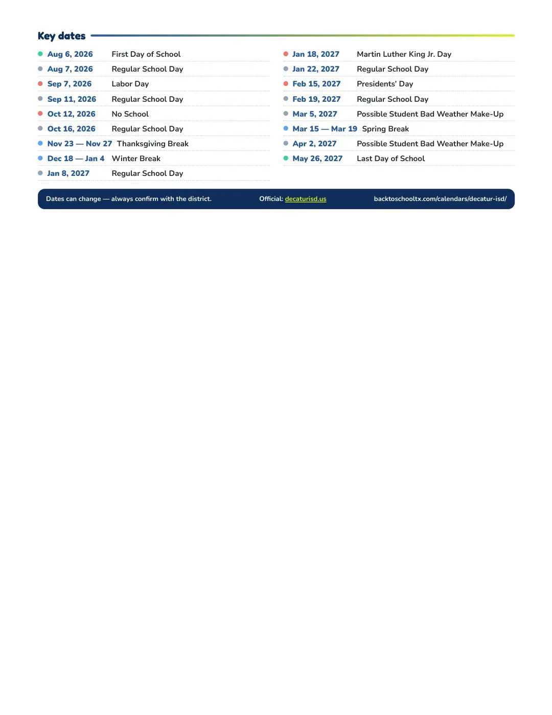 Decatur ISD Calendar for the Year 26-27 — key dates