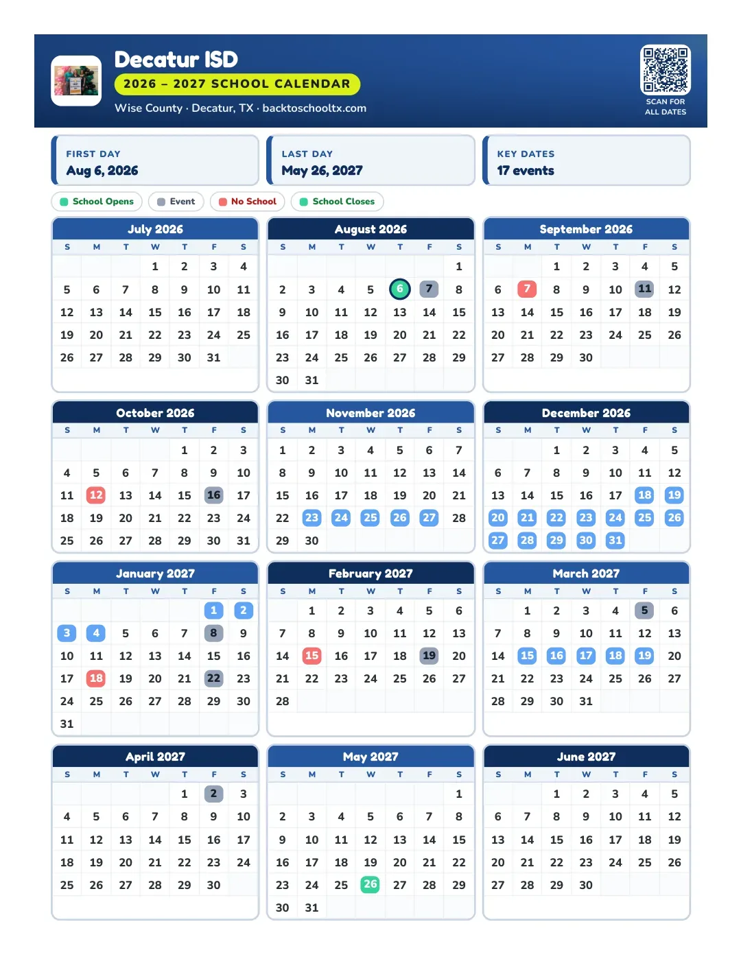 Decatur ISD Calendar for the Year 26-27