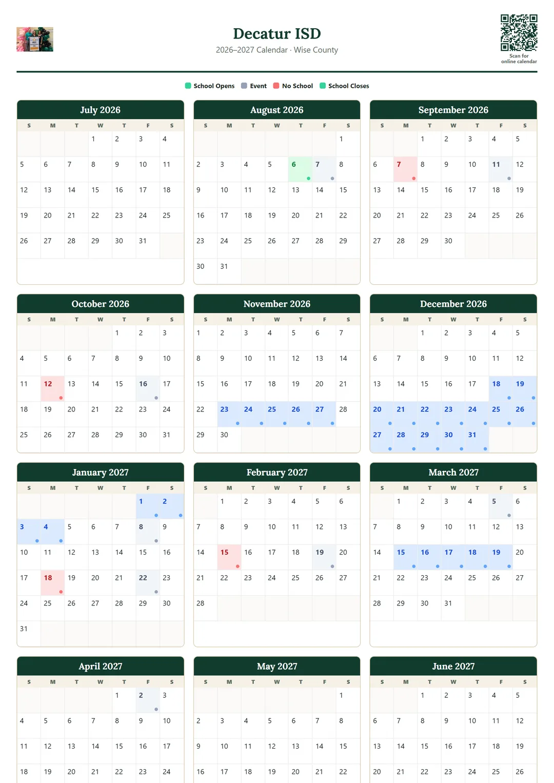 Decatur ISD printable 2026–2027 calendar