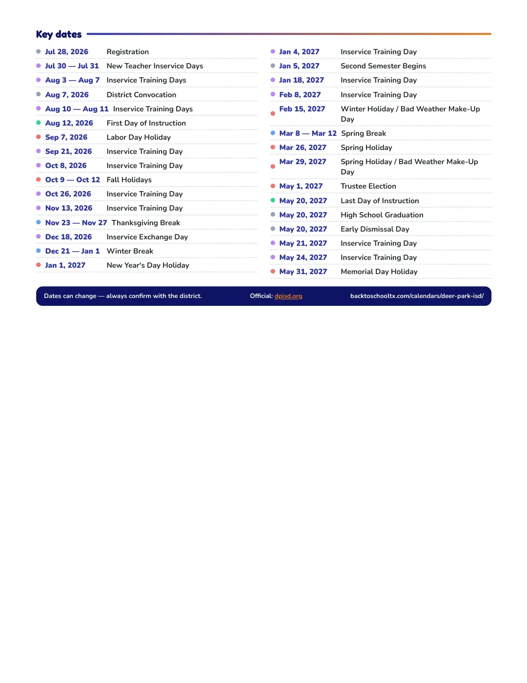 Deer Park ISD Calendar for the Year 26-27 — key dates