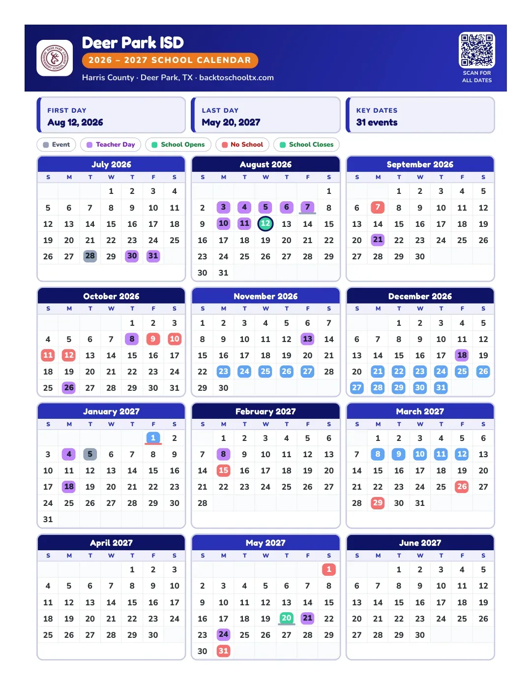 Deer Park ISD Calendar for the Year 26-27