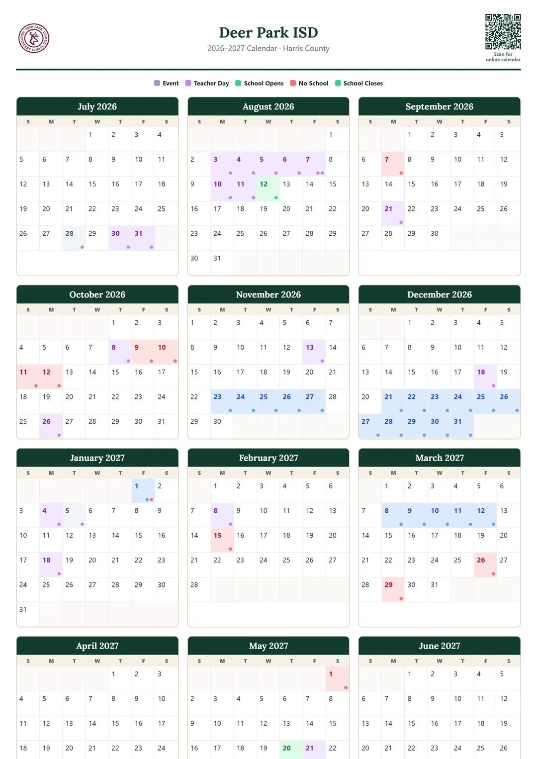 Deer Park ISD printable 2026–2027 calendar