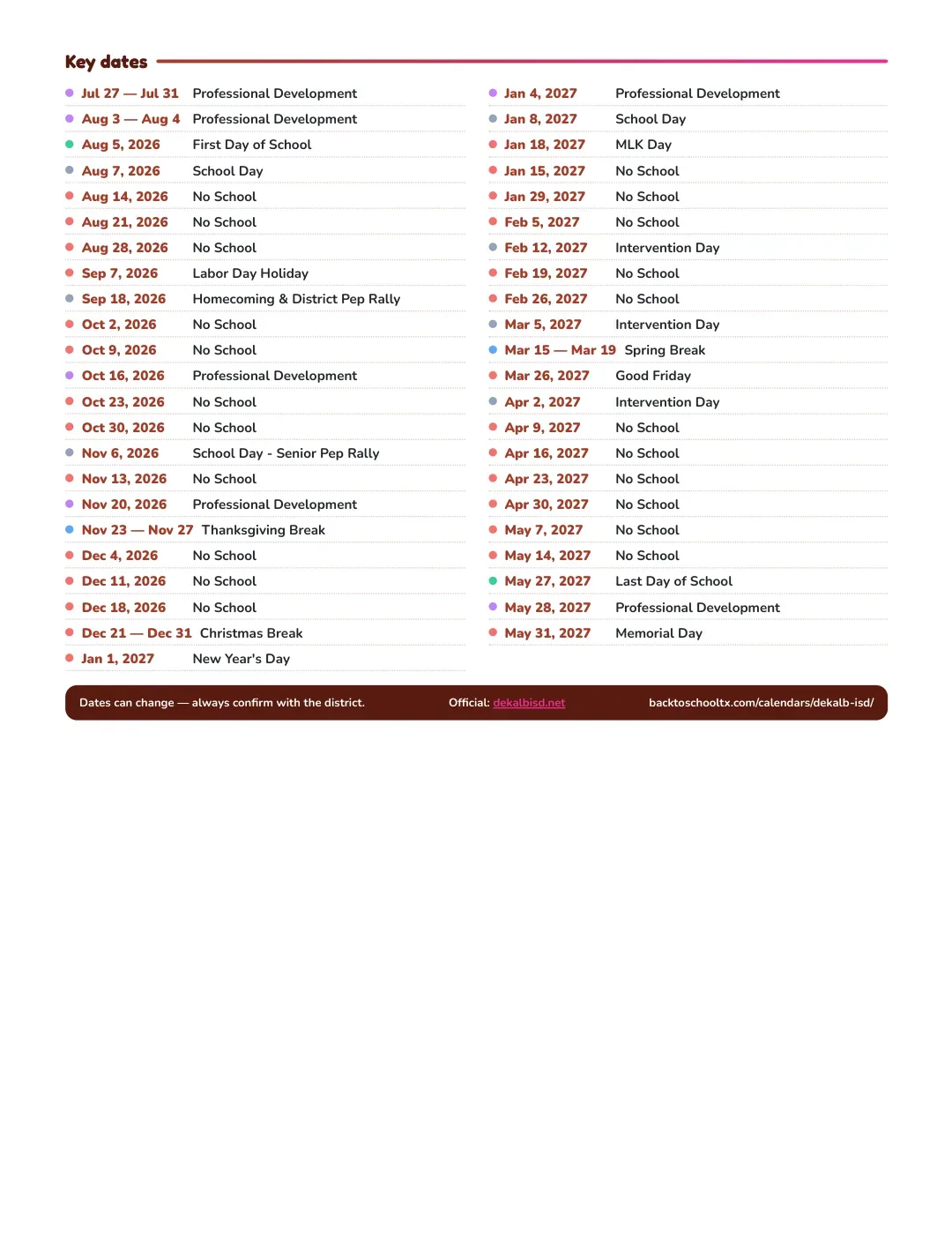 Dekalb ISD Calendar for the Year 26-27 — key dates