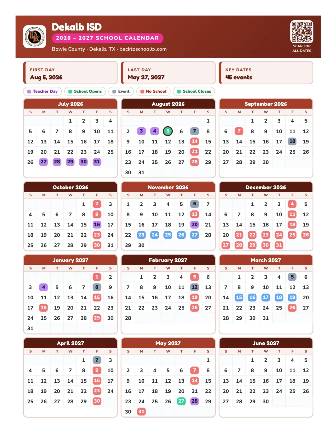 Dekalb ISD Calendar for the Year 26-27