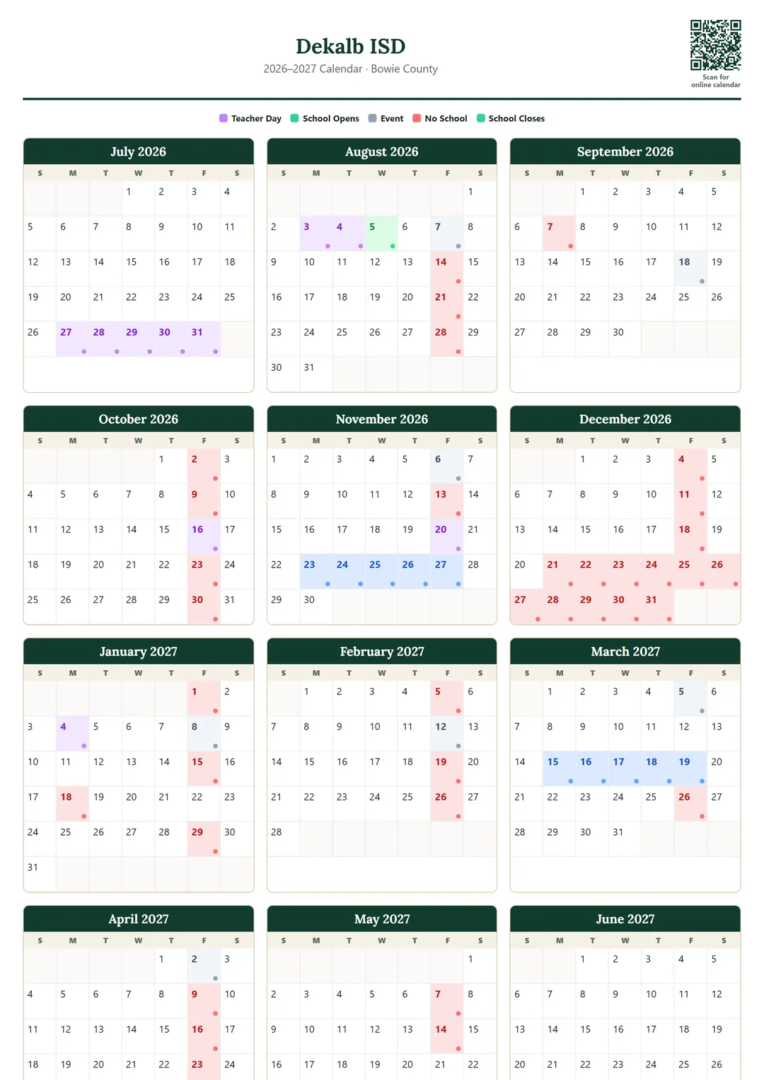 Dekalb ISD printable 2026–2027 calendar