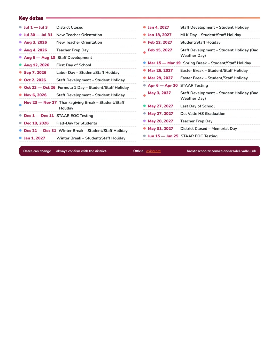 Del Valle ISD Calendar for the Year 26-27 — key dates