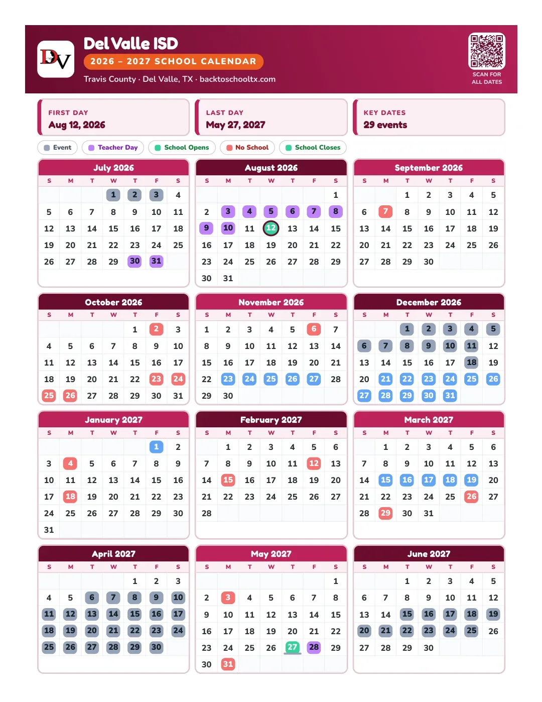 Del Valle ISD Calendar for the Year 26-27