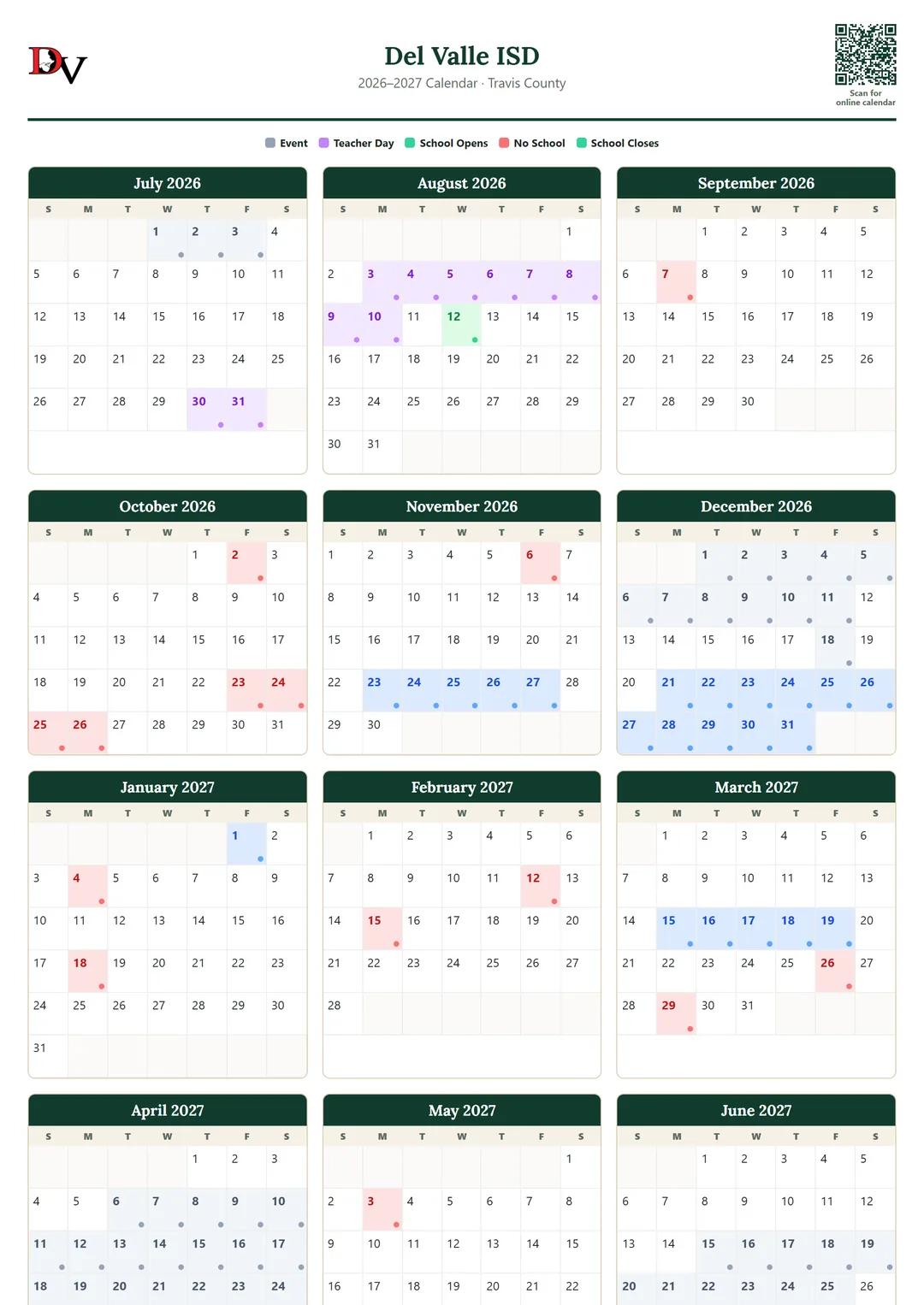 Del Valle ISD printable 2026–2027 calendar
