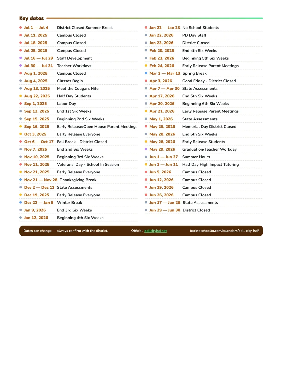 Dell City ISD Calendar for the Year 26-27 — key dates