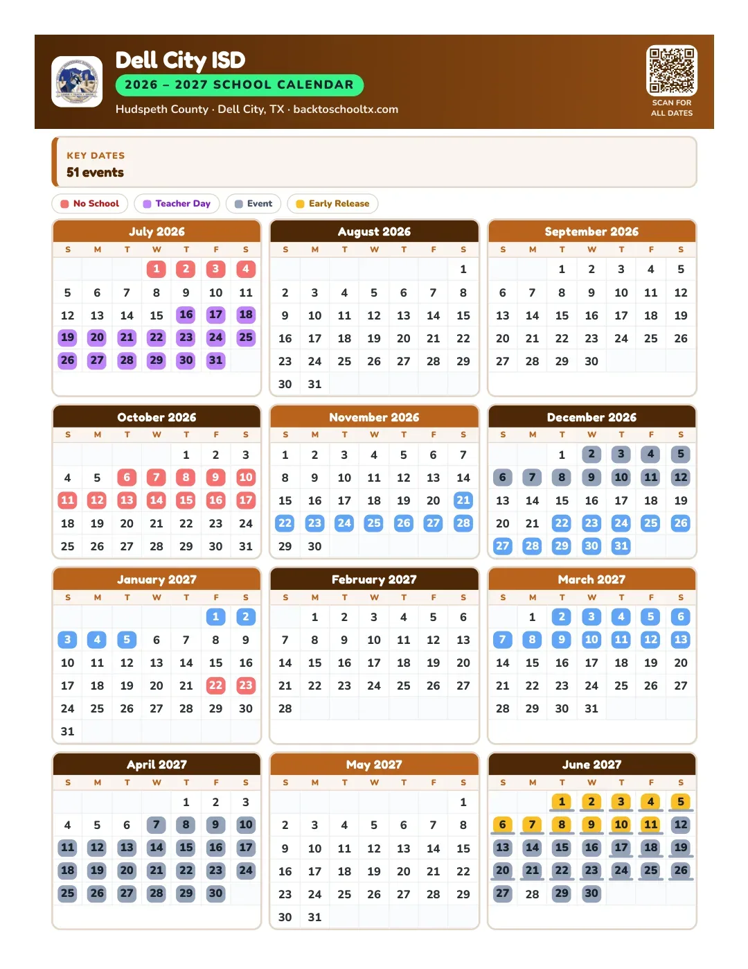 Dell City ISD Calendar for the Year 26-27