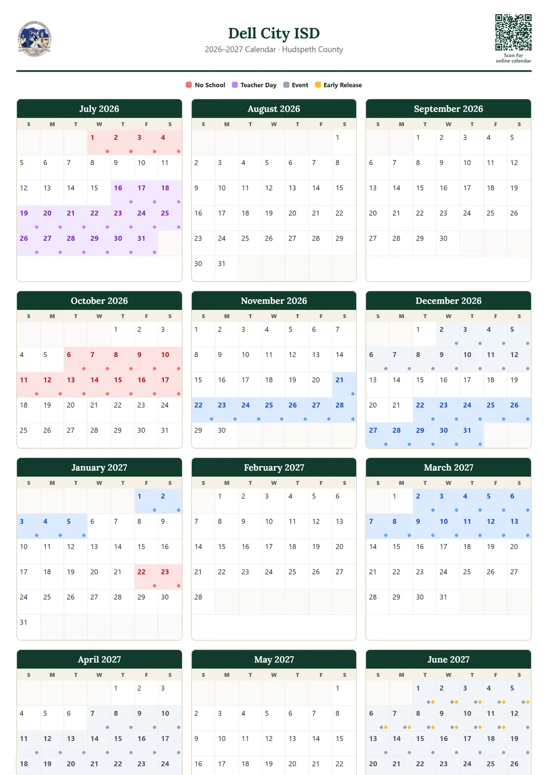 Dell City ISD printable 2026–2027 calendar