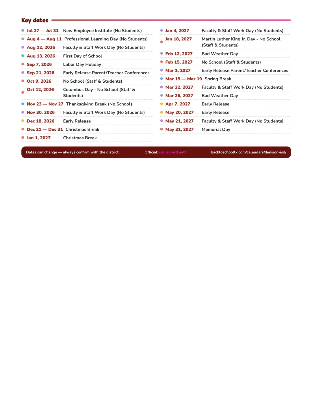 Denison ISD Calendar for the Year 26-27 — key dates