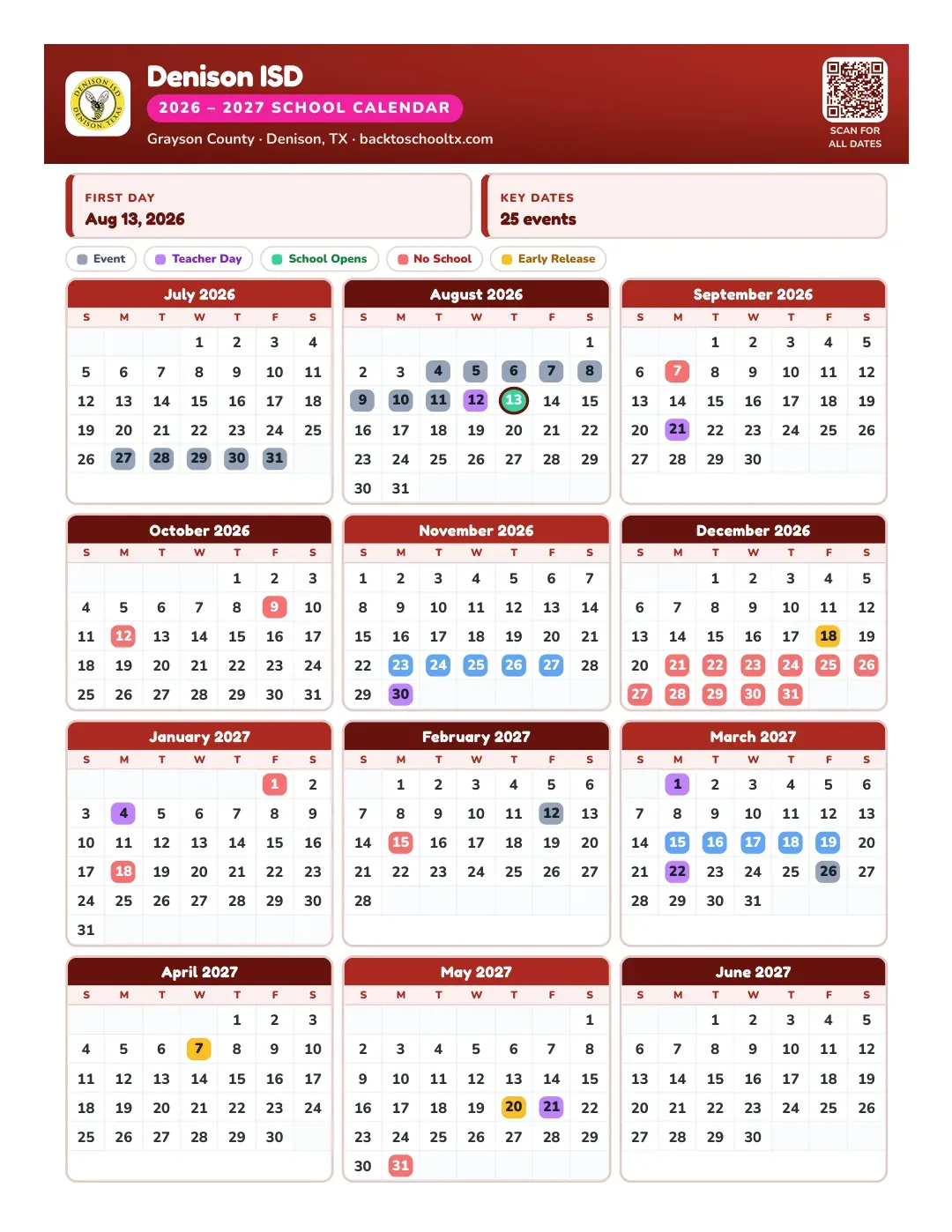 Denison ISD Calendar for the Year 26-27
