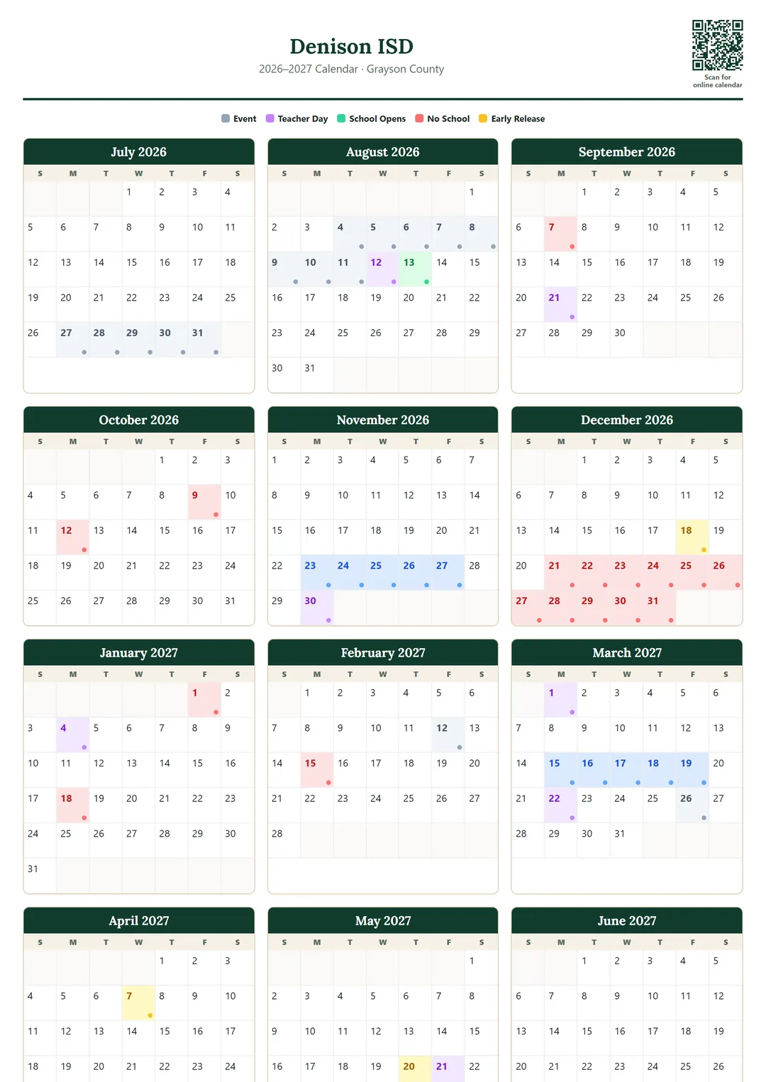 Denison ISD printable 2026–2027 calendar