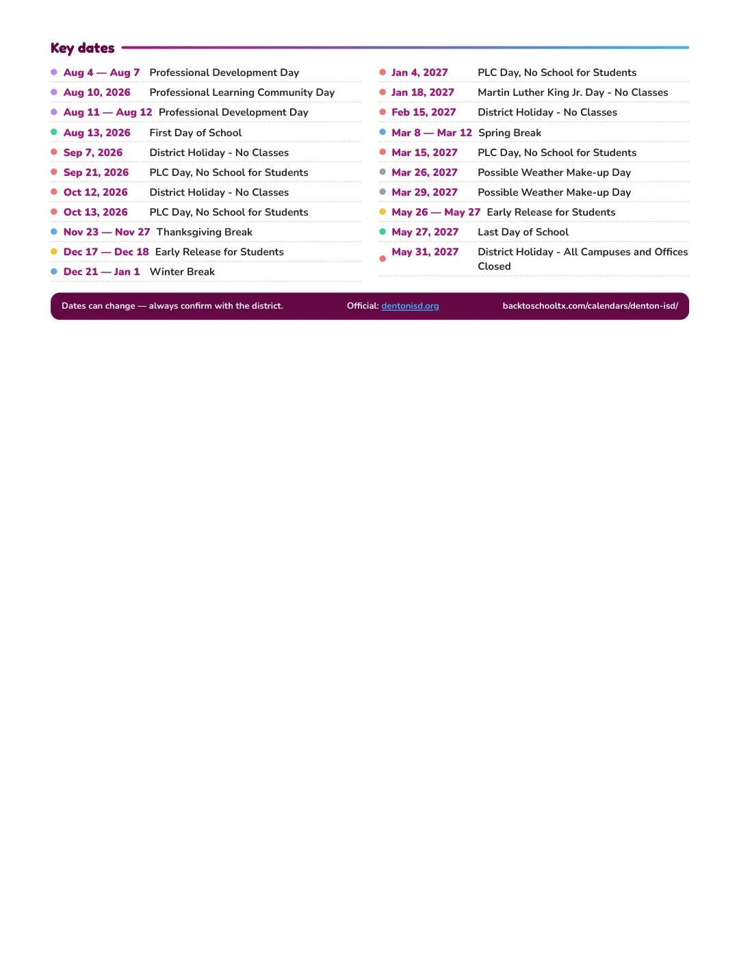 Denton ISD Calendar for the Year 26-27 — key dates