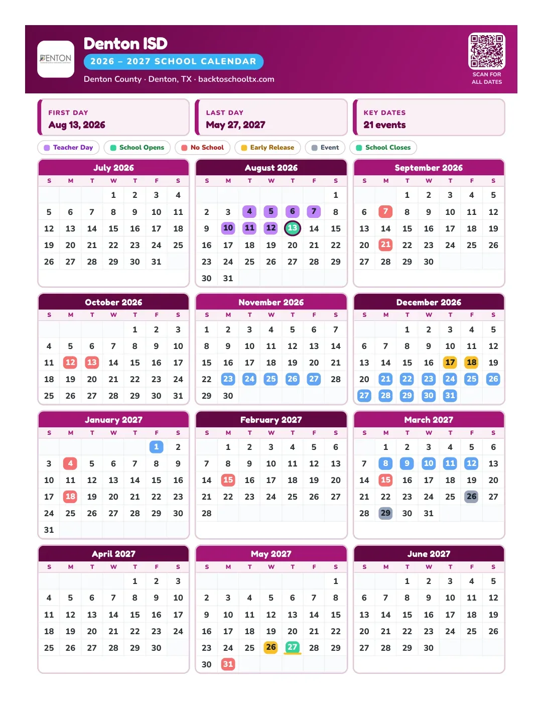 Denton ISD Calendar for the Year 26-27