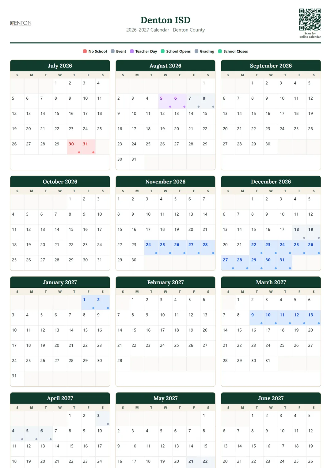 Denton ISD printable 2026–2027 calendar