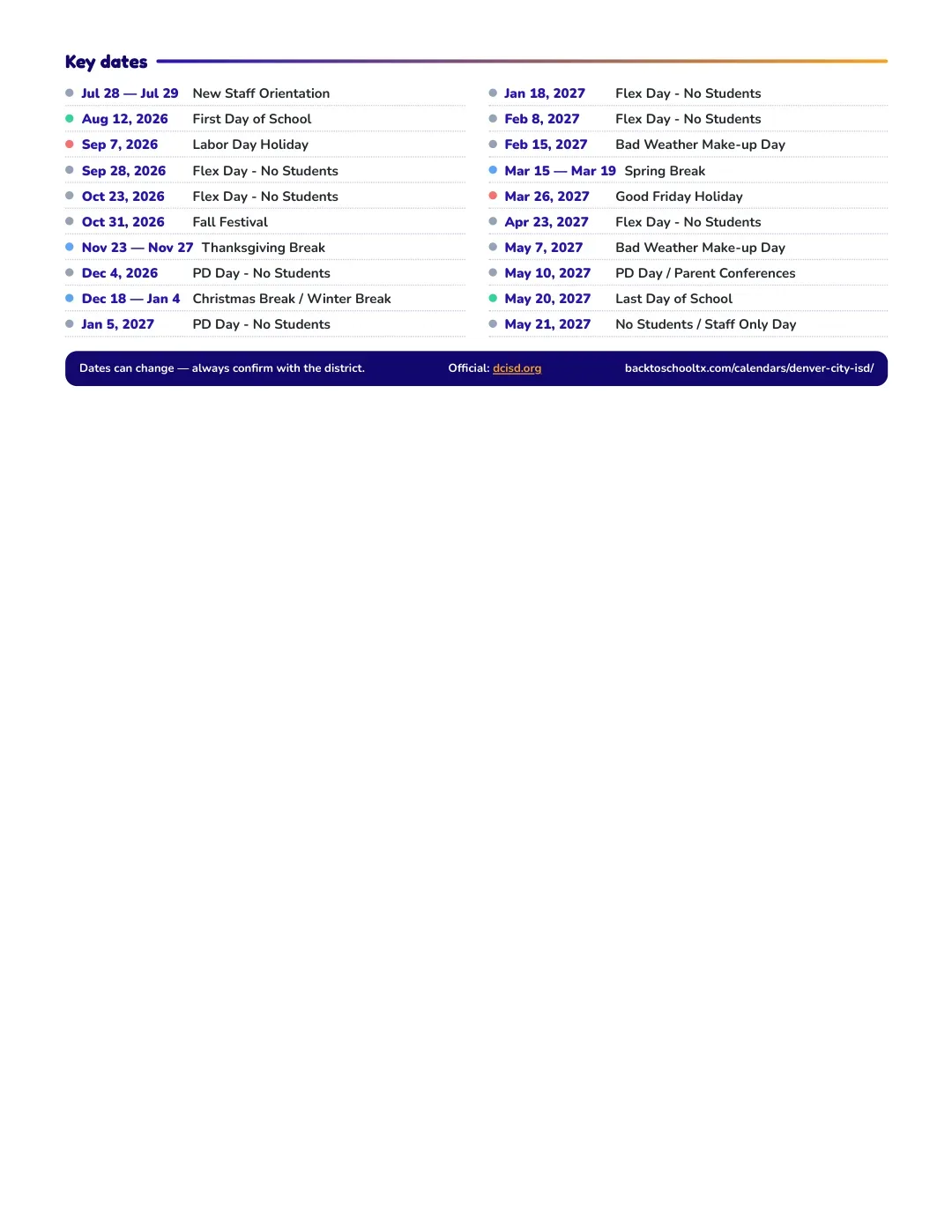 Denver City ISD Calendar for the Year 26-27 — key dates