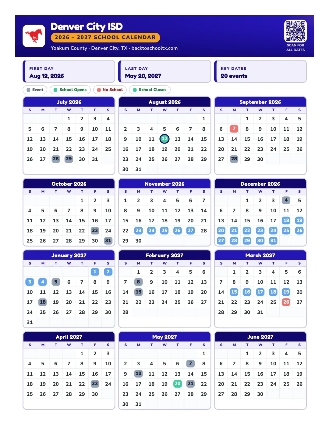 Denver City ISD Calendar for the Year 26-27