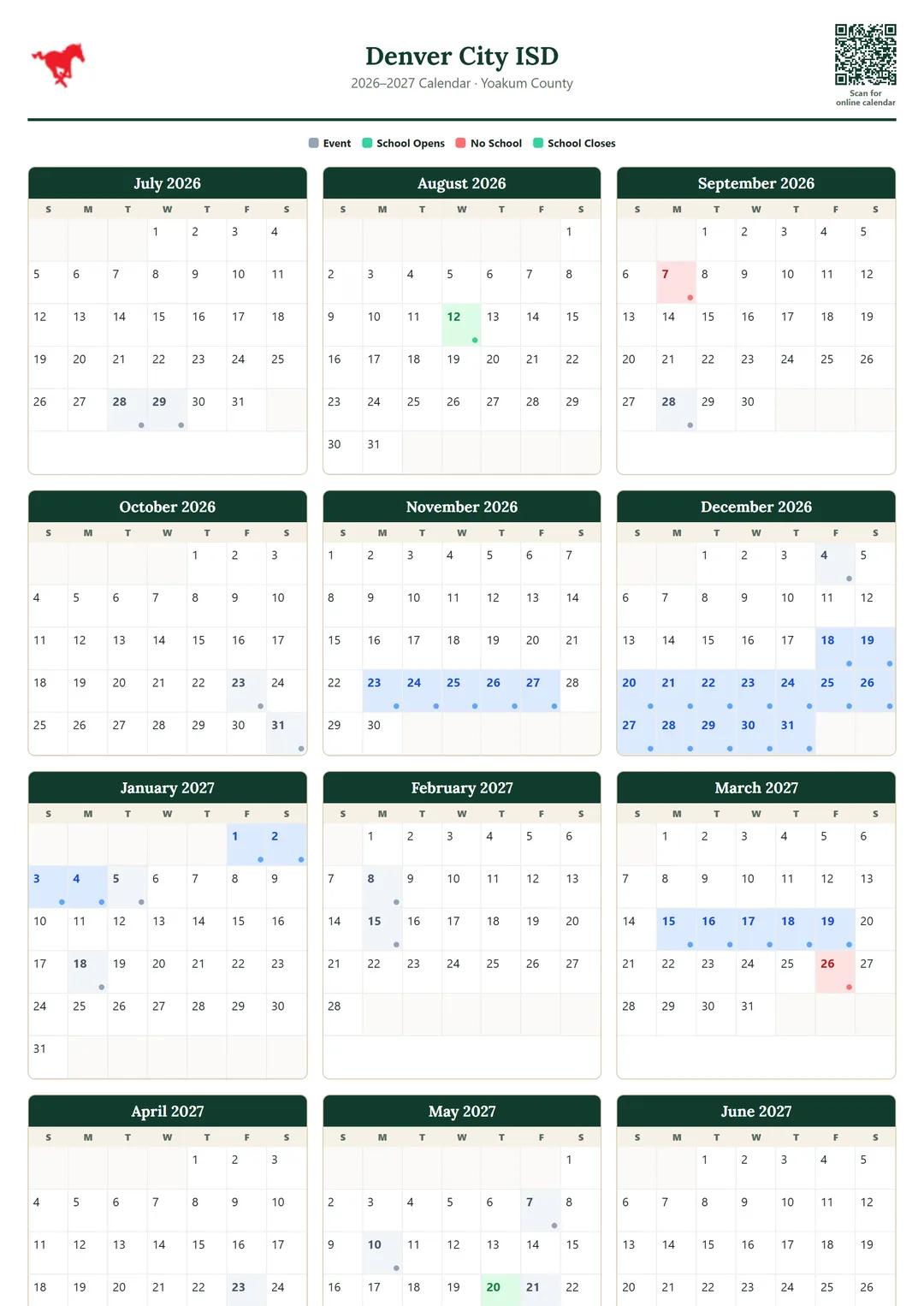 Denver City ISD printable 2026–2027 calendar