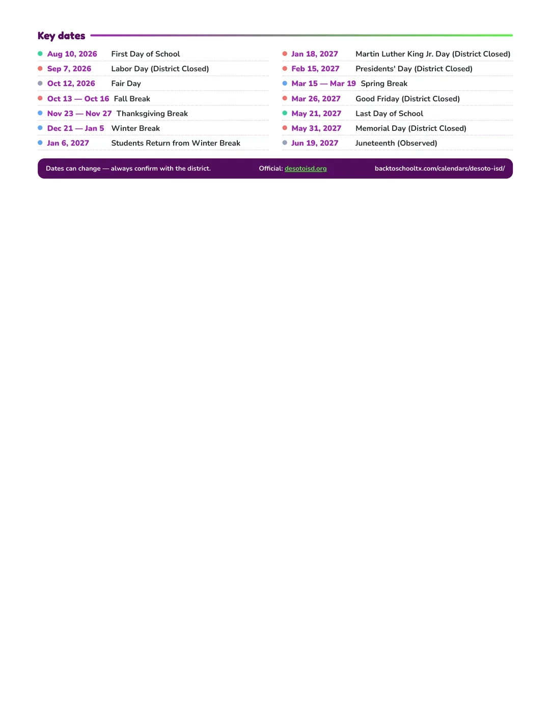 Desoto ISD Calendar for the Year 26-27 — key dates