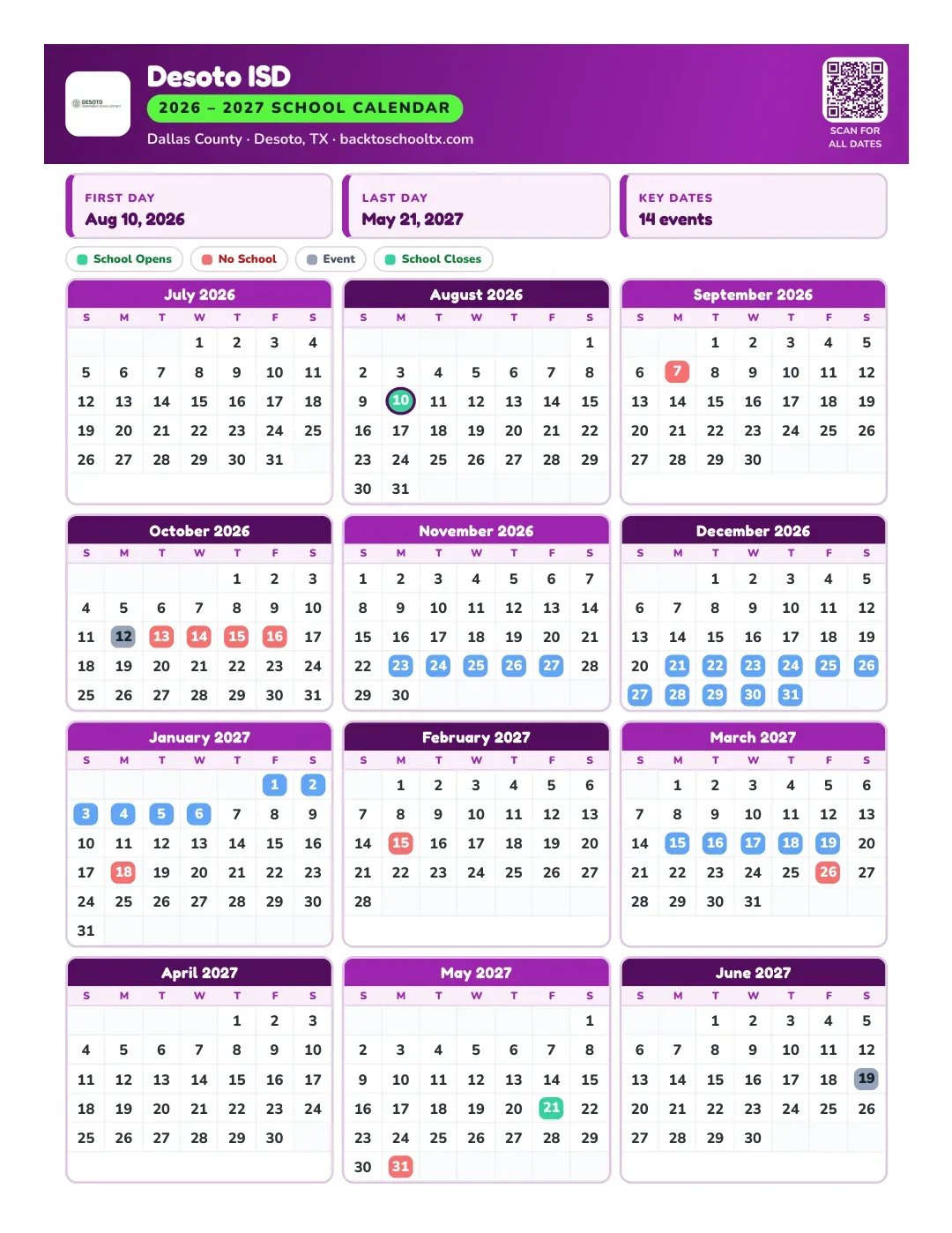 Desoto ISD Calendar for the Year 26-27