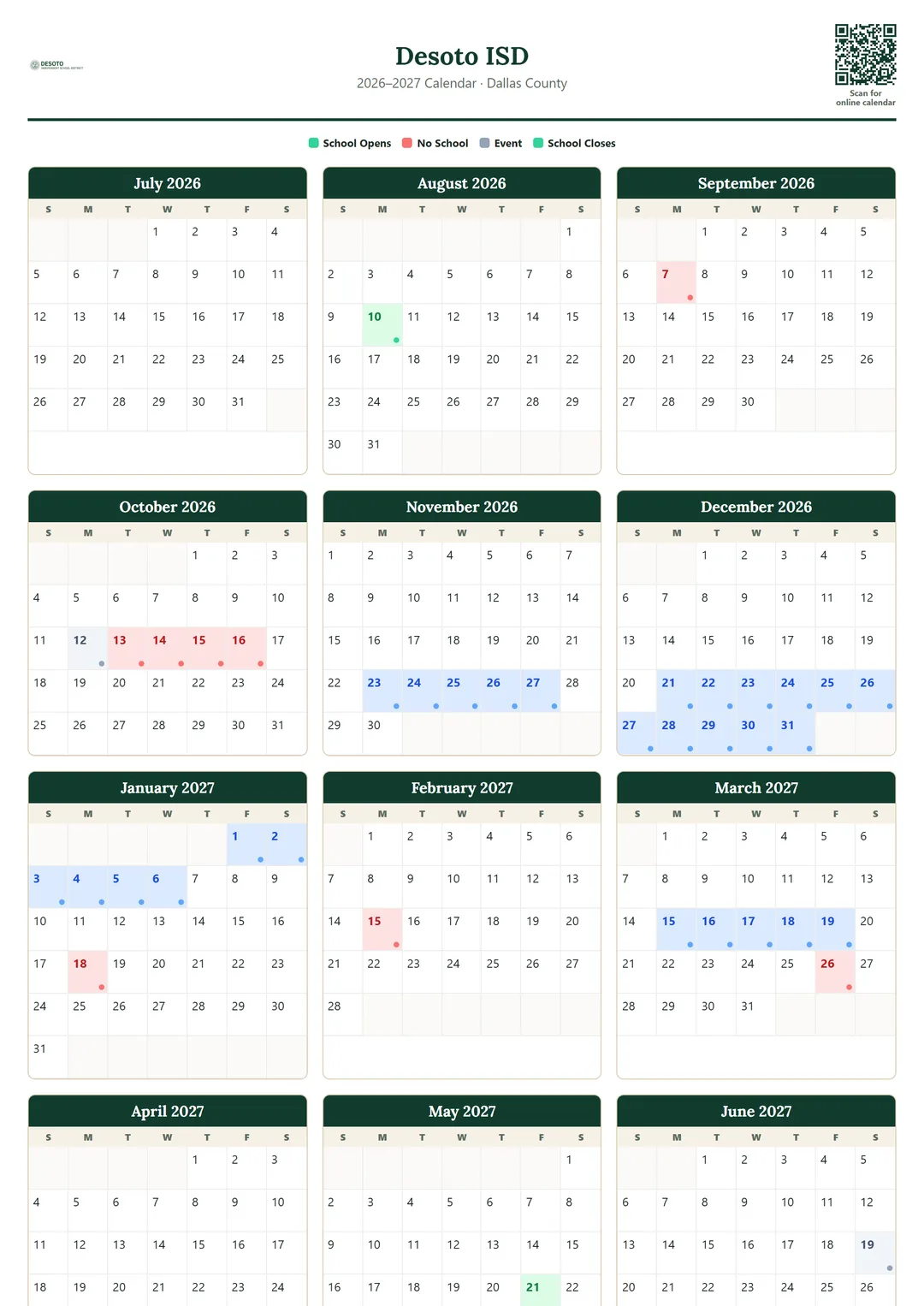 Desoto ISD printable 2026–2027 calendar