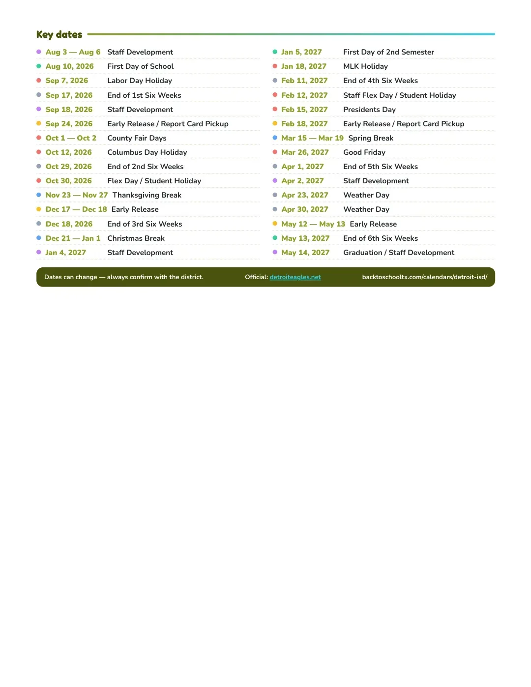 Detroit ISD Calendar for the Year 26-27 — key dates