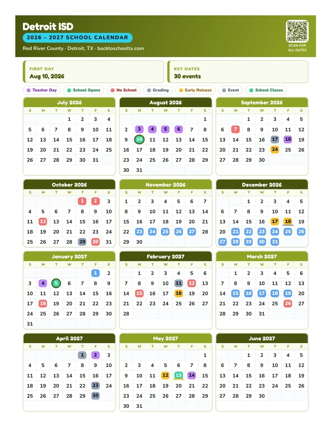 Detroit ISD Calendar for the Year 26-27