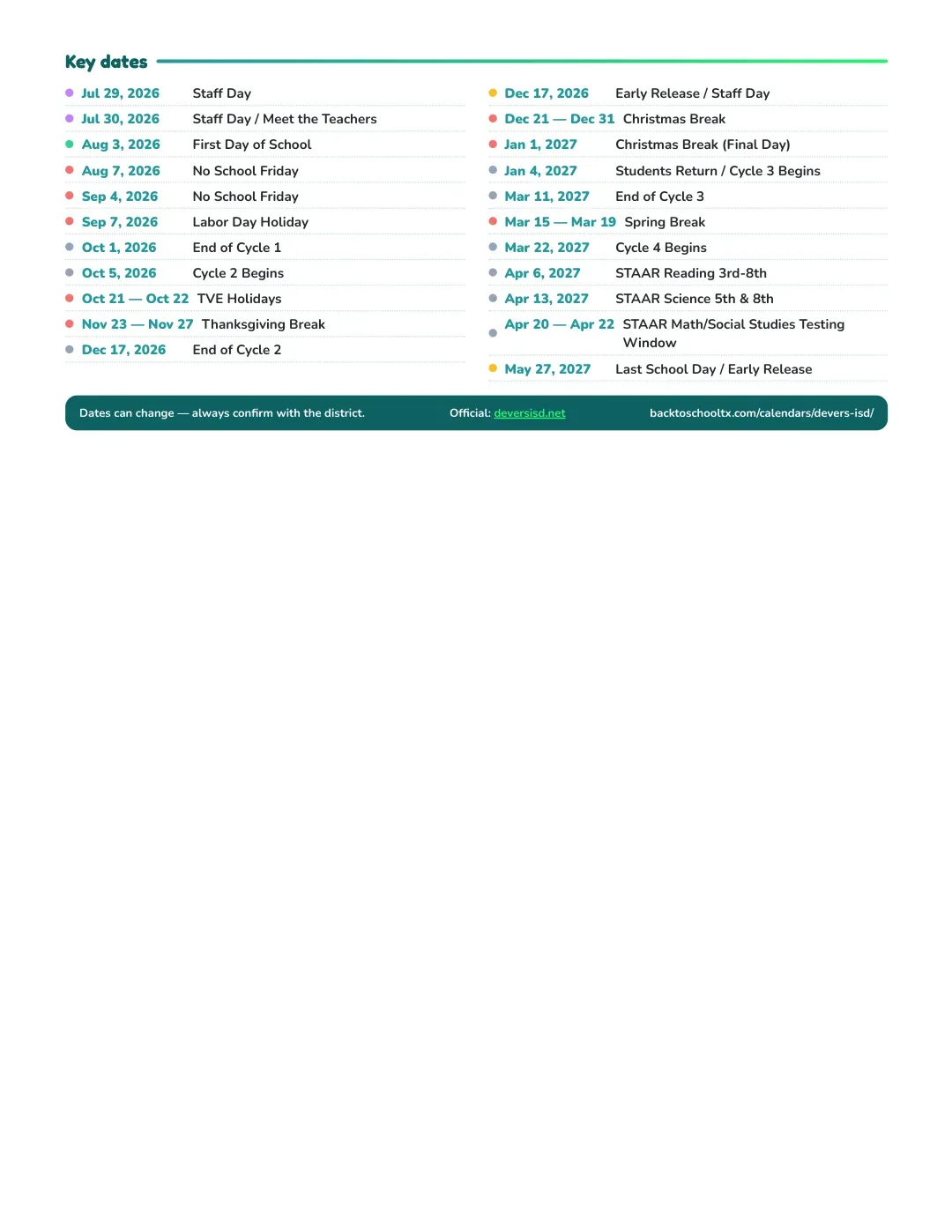Devers ISD Calendar for the Year 26-27 — key dates