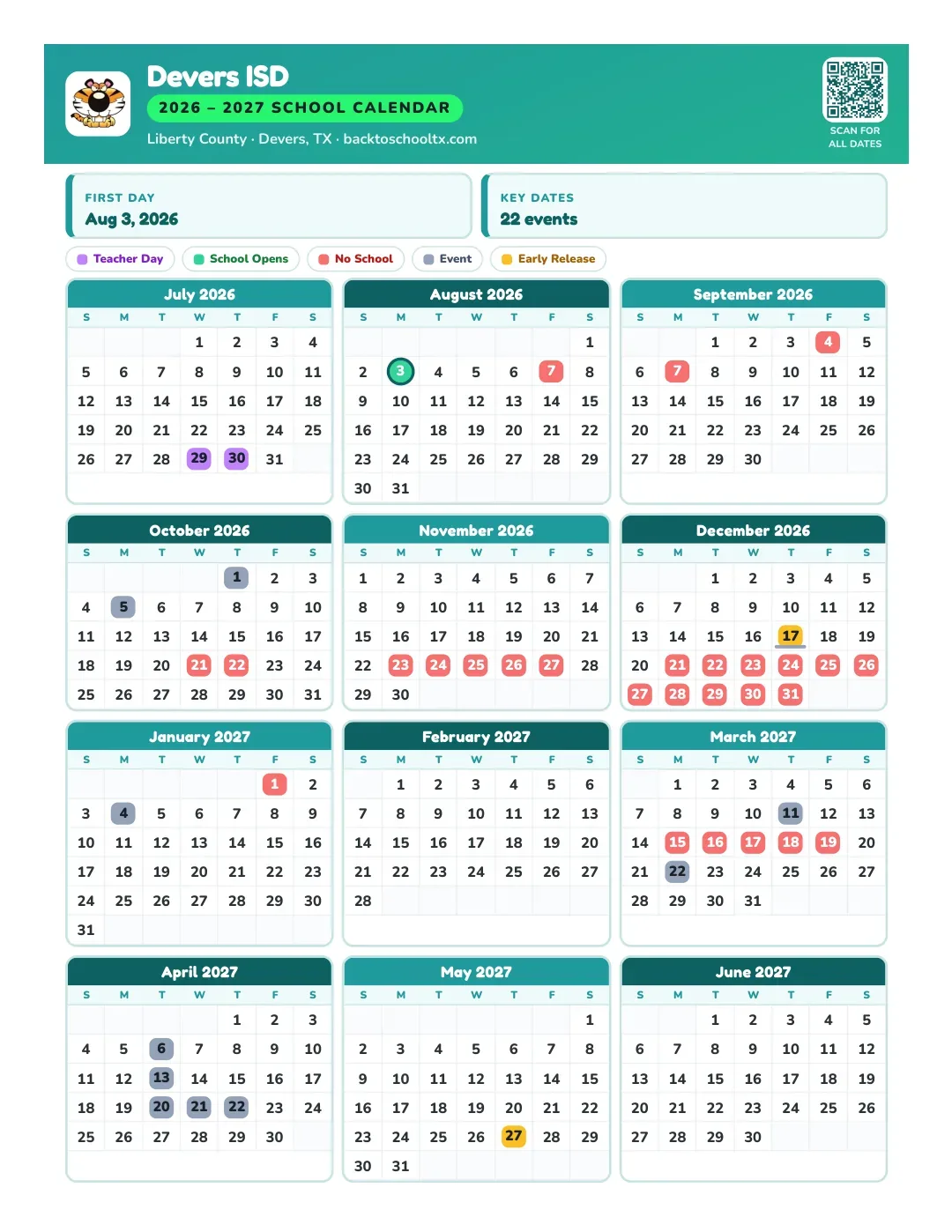 Devers ISD Calendar for the Year 26-27