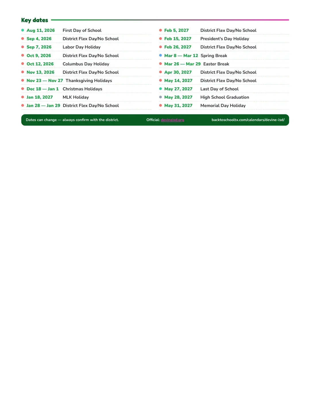 Devine ISD Calendar for the Year 26-27 — key dates