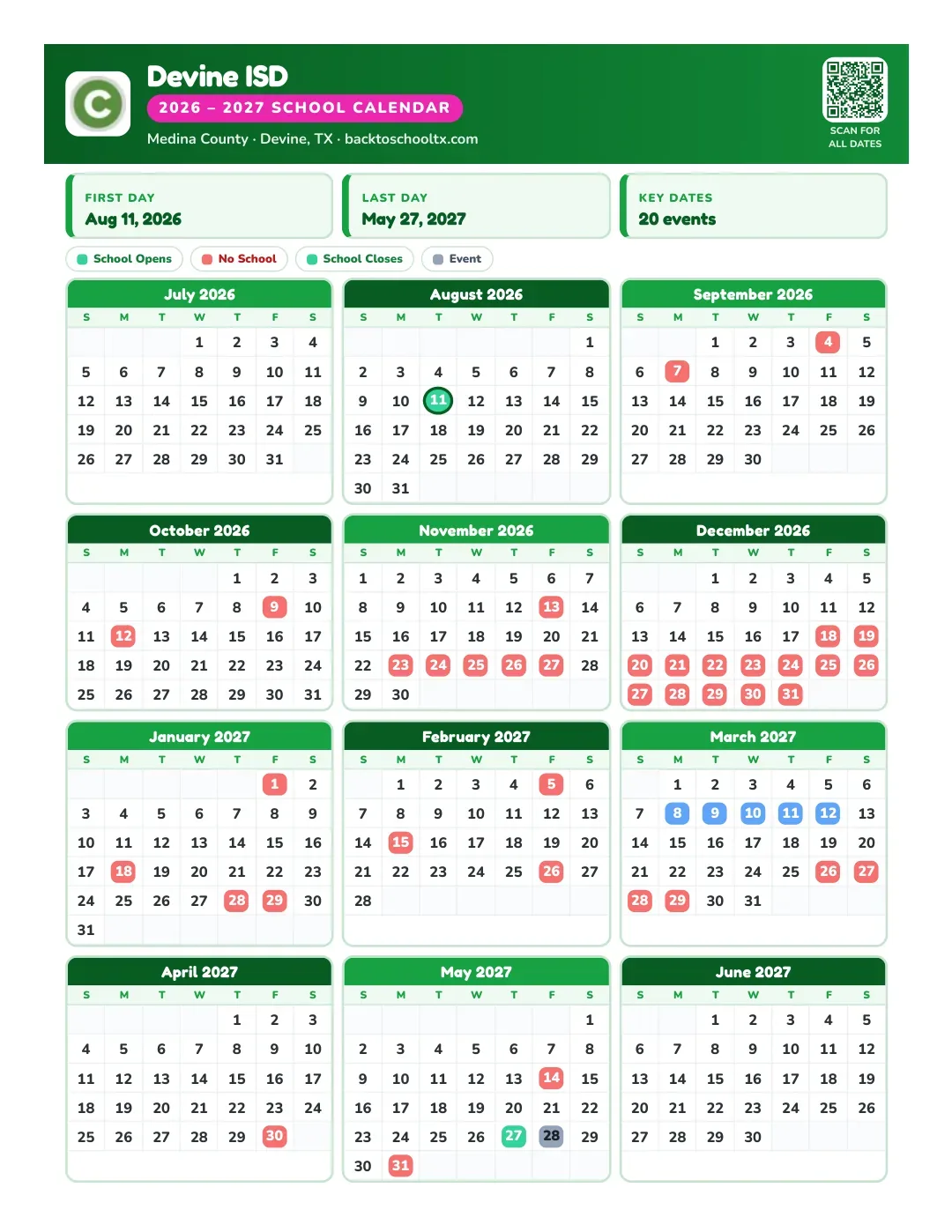 Devine ISD Calendar for the Year 26-27