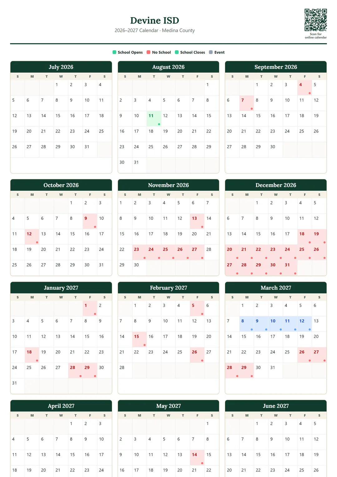 Devine ISD printable 2026–2027 calendar