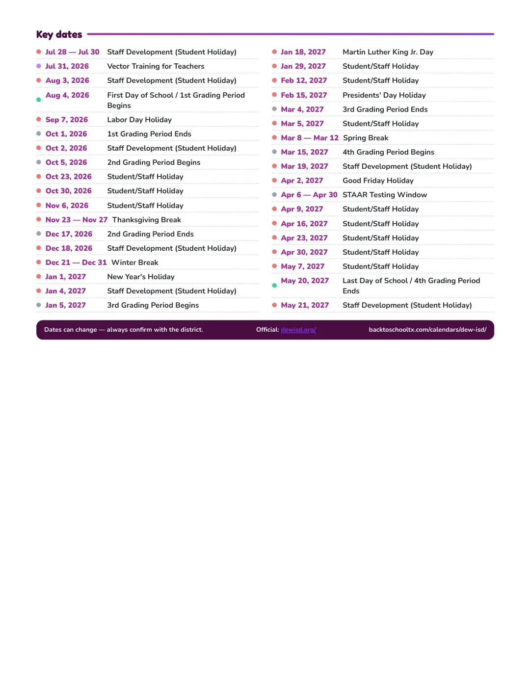 Dew ISD Calendar for the Year 26-27 — key dates