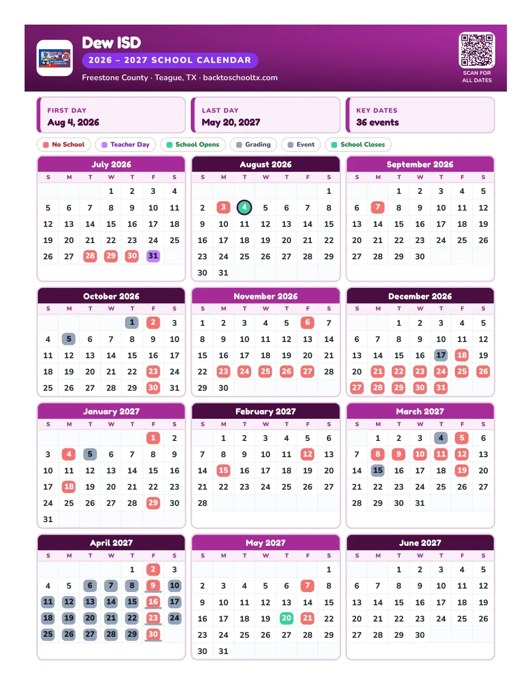 Dew ISD Calendar for the Year 26-27