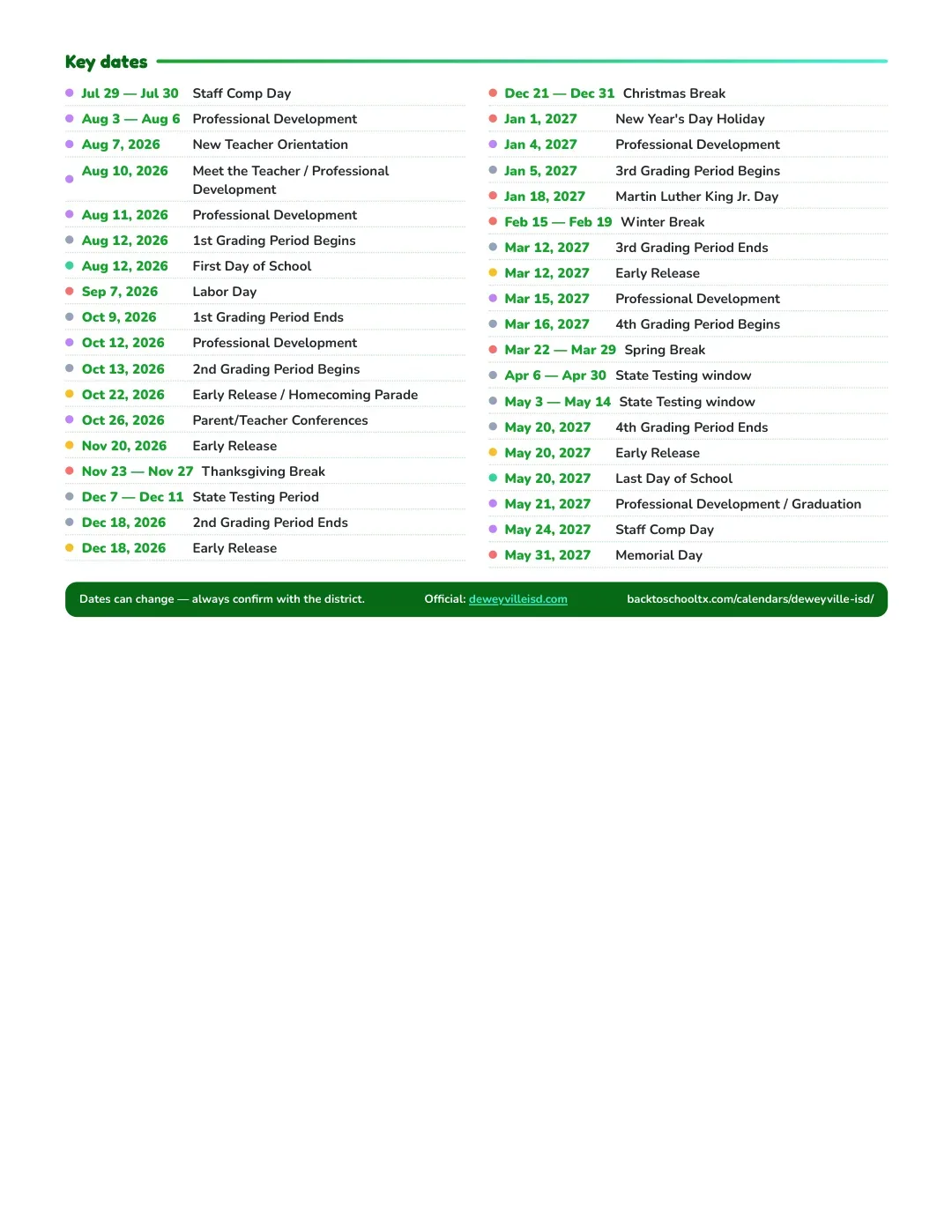 Deweyville ISD Calendar for the Year 26-27 — key dates