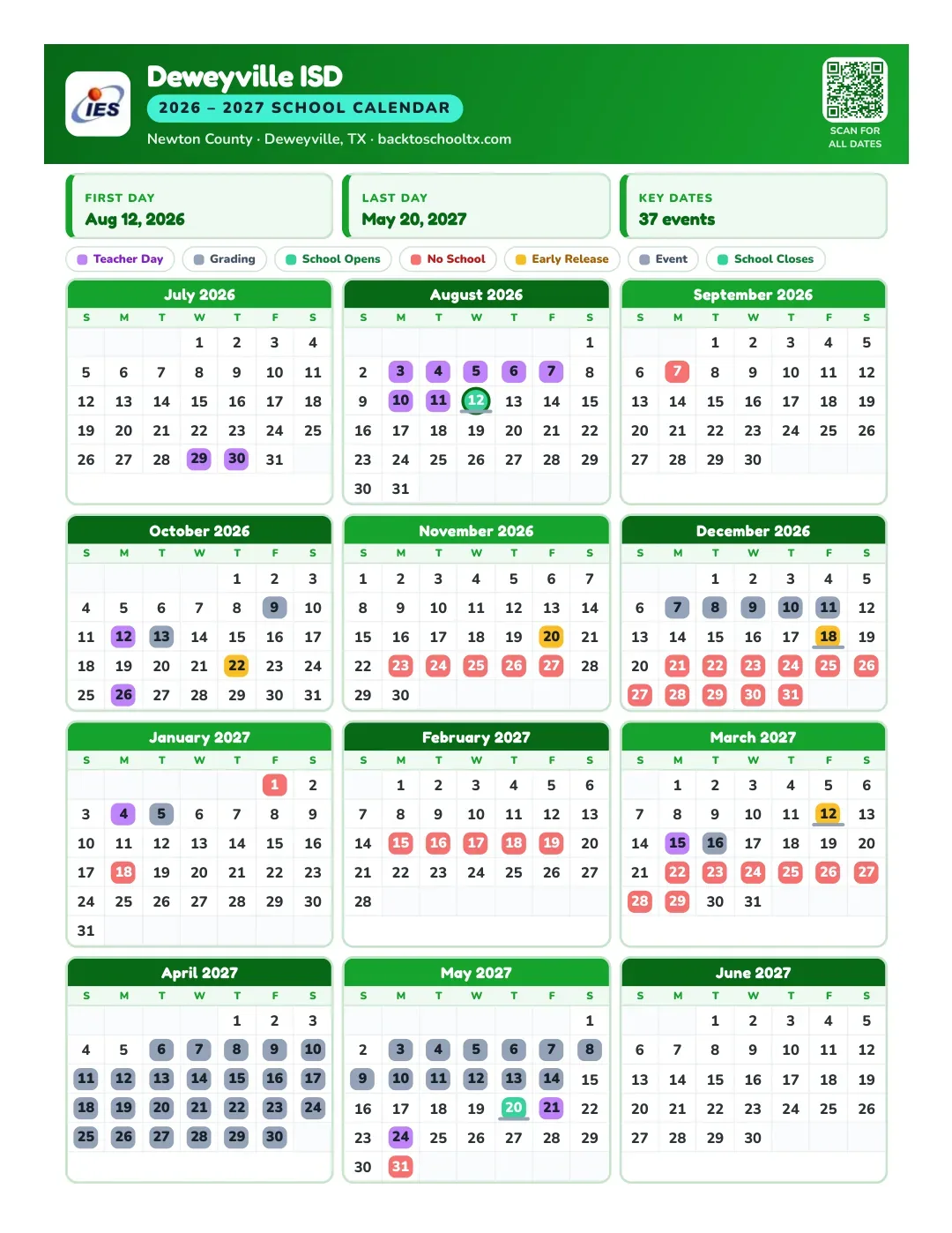 Deweyville ISD Calendar for the Year 26-27