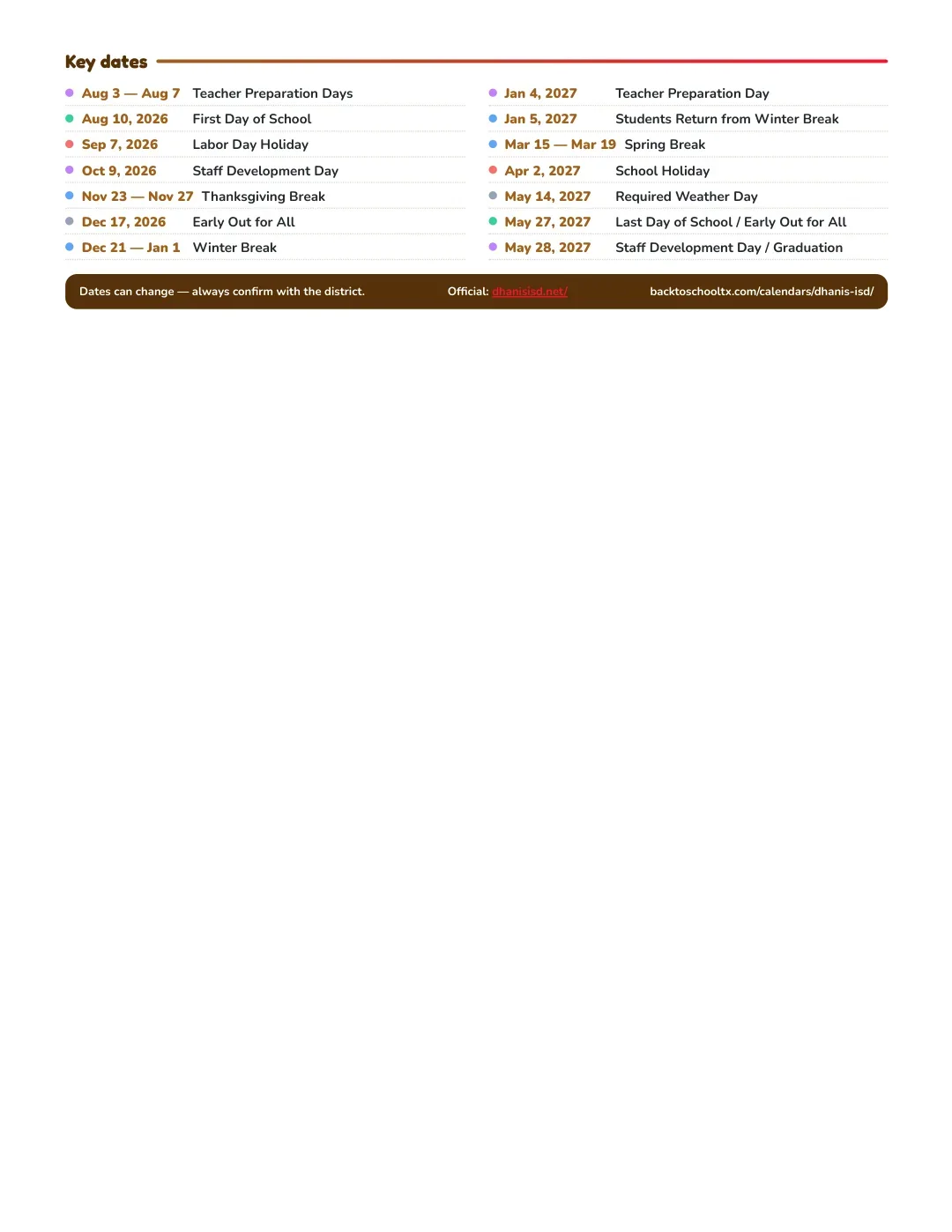 D'hanis ISD Calendar for the Year 26-27 — key dates