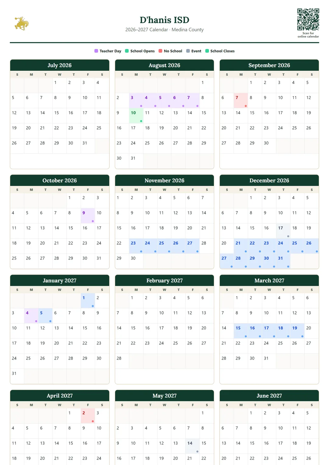 D'hanis ISD printable 2026–2027 calendar
