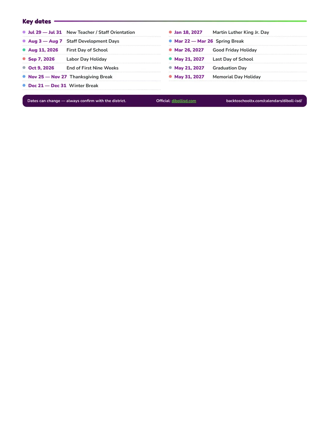 Diboll ISD Calendar for the Year 26-27 — key dates