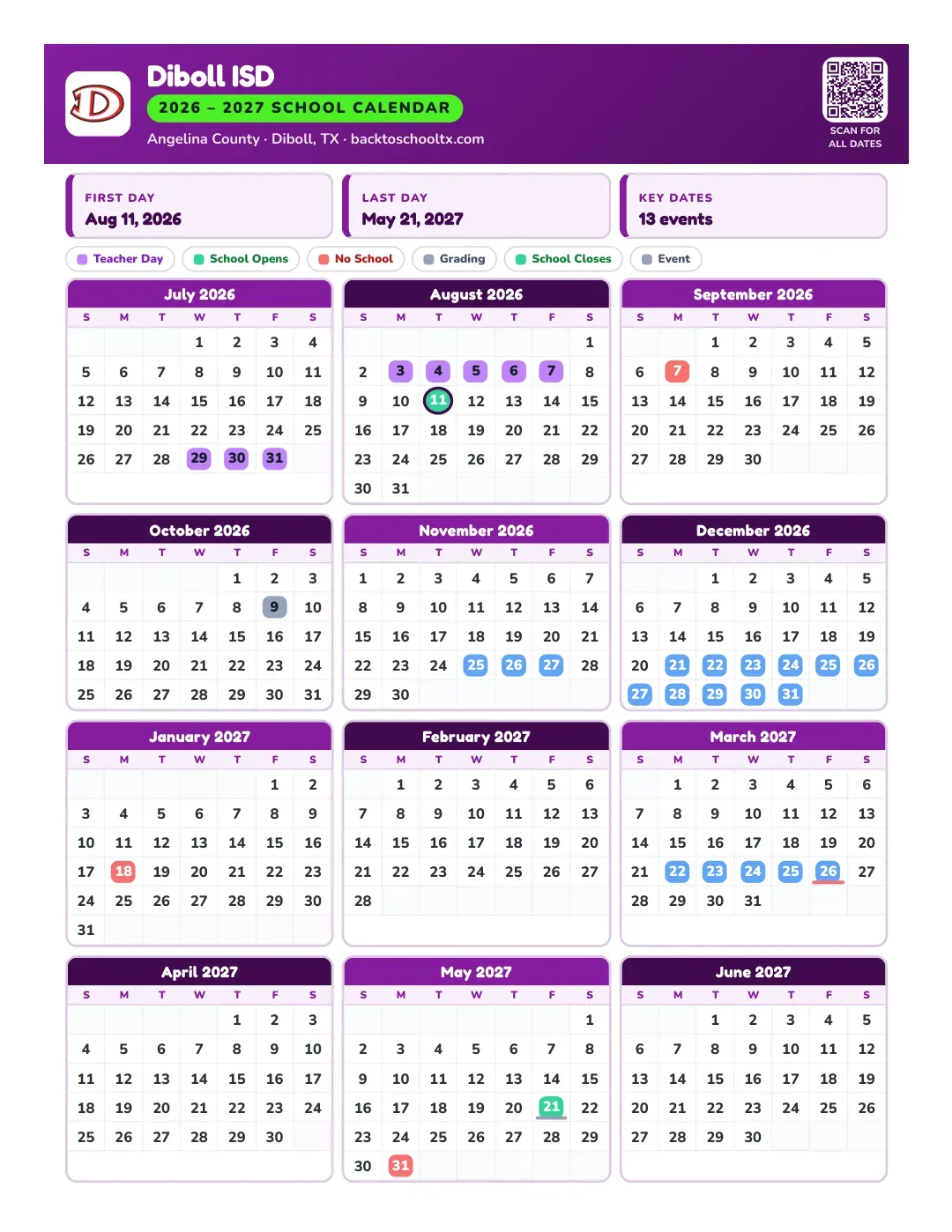 Diboll ISD Calendar for the Year 26-27