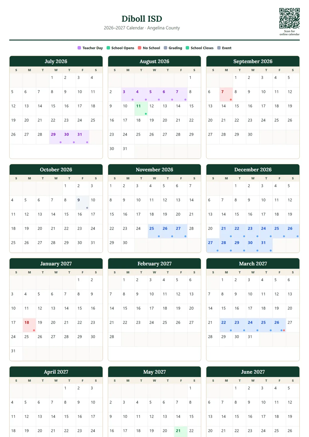 Diboll ISD printable 2026–2027 calendar