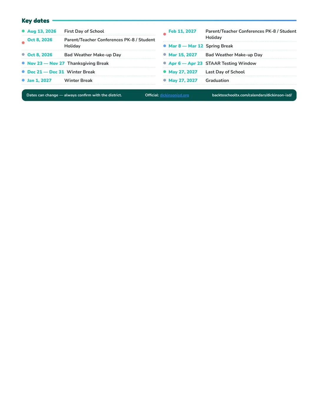 Dickinson ISD Calendar for the Year 26-27 — key dates