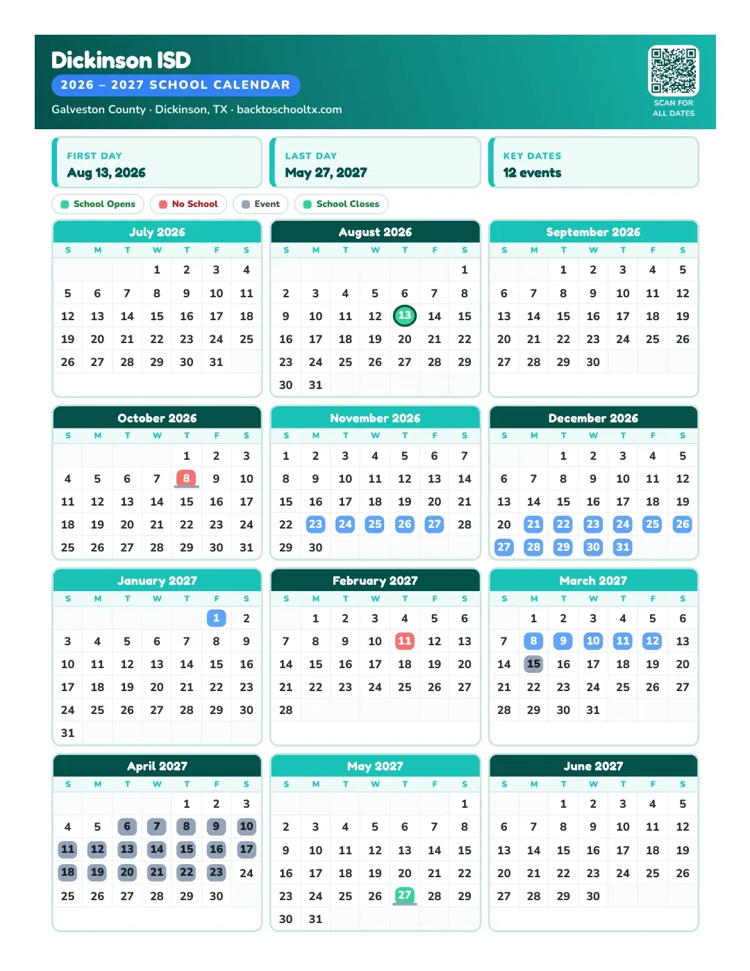 Dickinson ISD Calendar for the Year 26-27