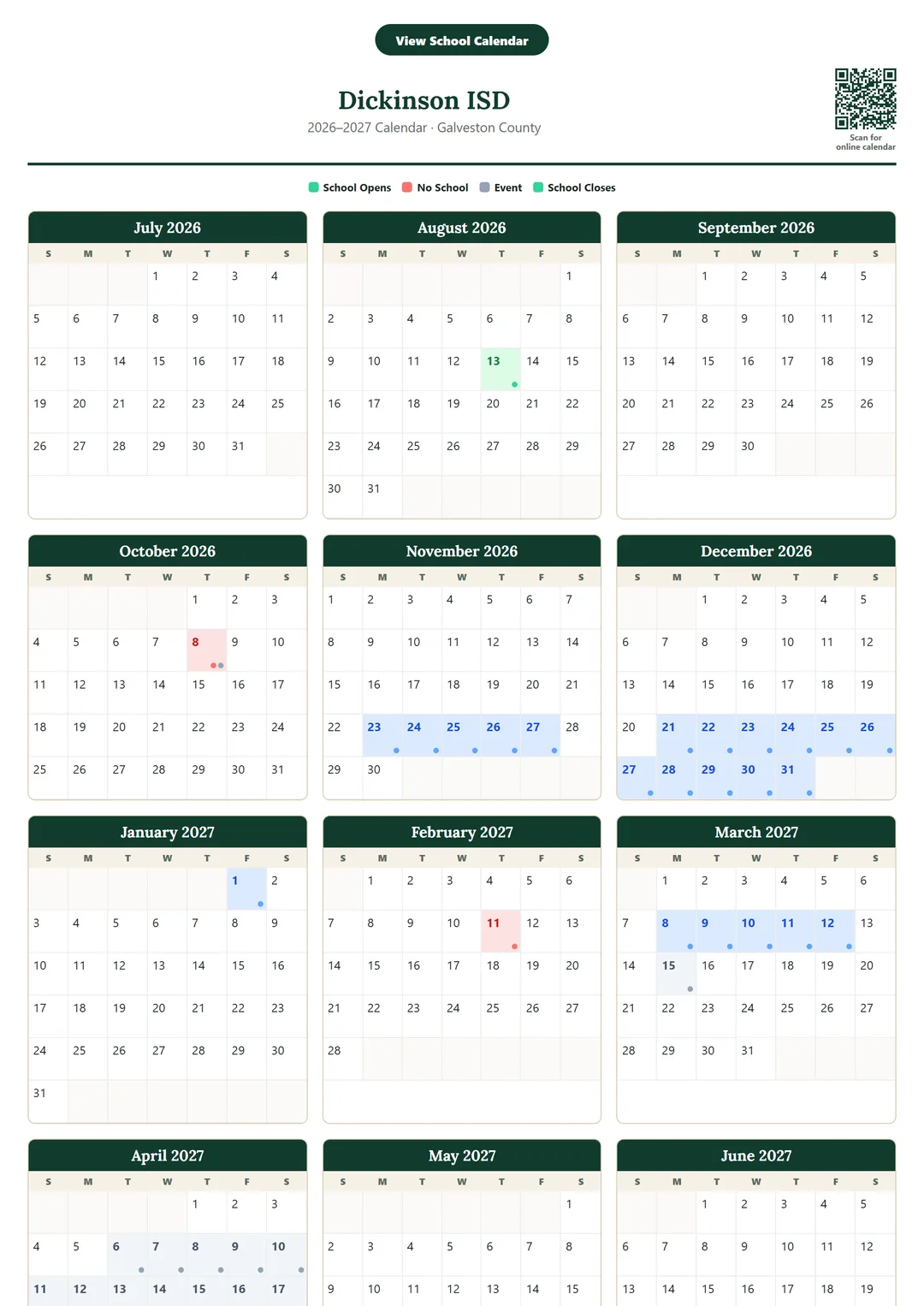 Dickinson ISD printable 2026–2027 calendar
