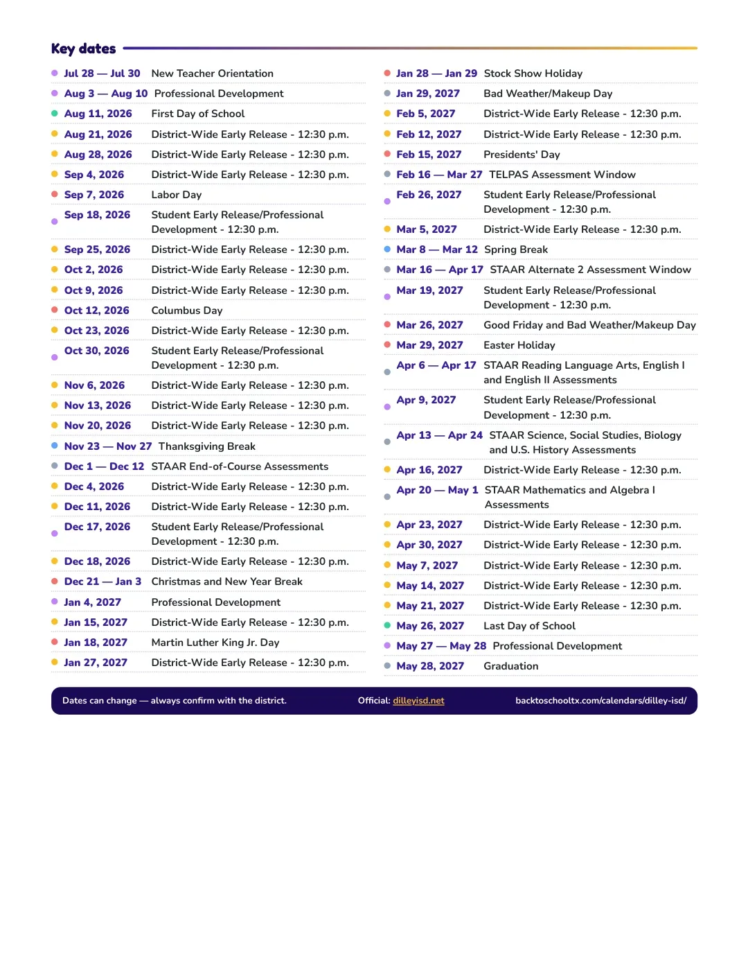 Dilley ISD Calendar for the Year 26-27 — key dates