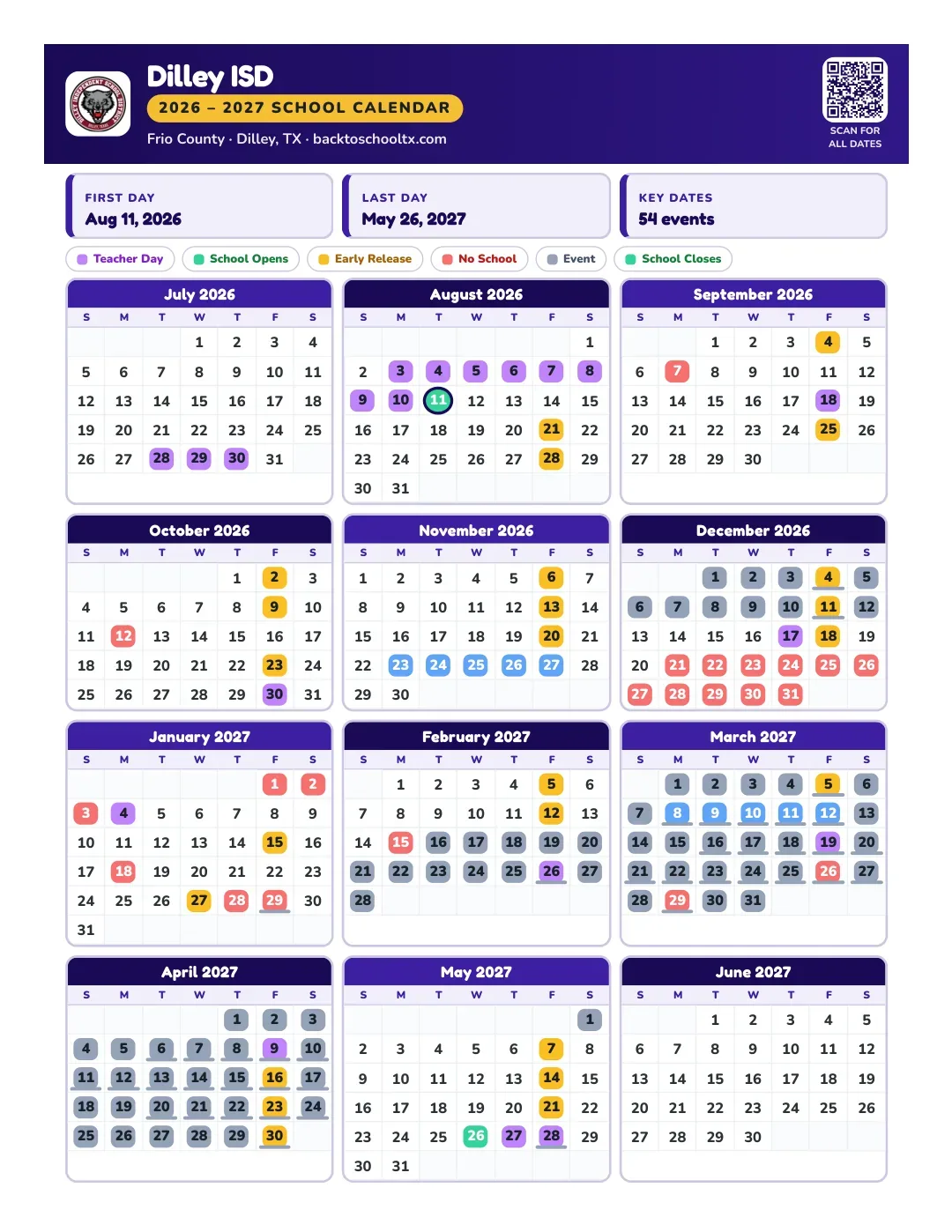 Dilley ISD Calendar for the Year 26-27